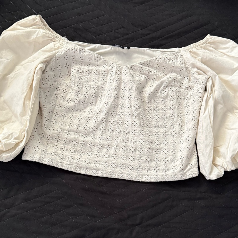 Express Cream Off-Shoulder Eyelet Crop Top